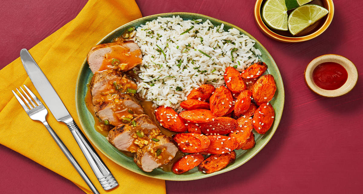 Honey Sriracha Pork Tenderloin with Roasted Sesame Carrots & Cilantro-Lime Rice