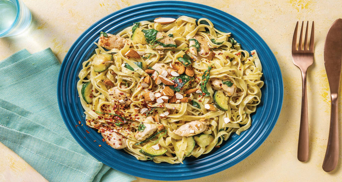 Chicken Alfredo & Fresh Fettuccine with Roasted Almonds Recipe HelloFresh