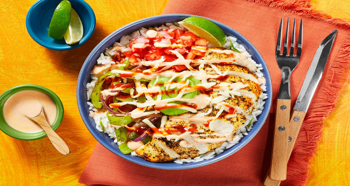 Chicken & Guac Burrito Bowls with Long Green Pepper, Salsa Fresca & Hot Sauce Crema