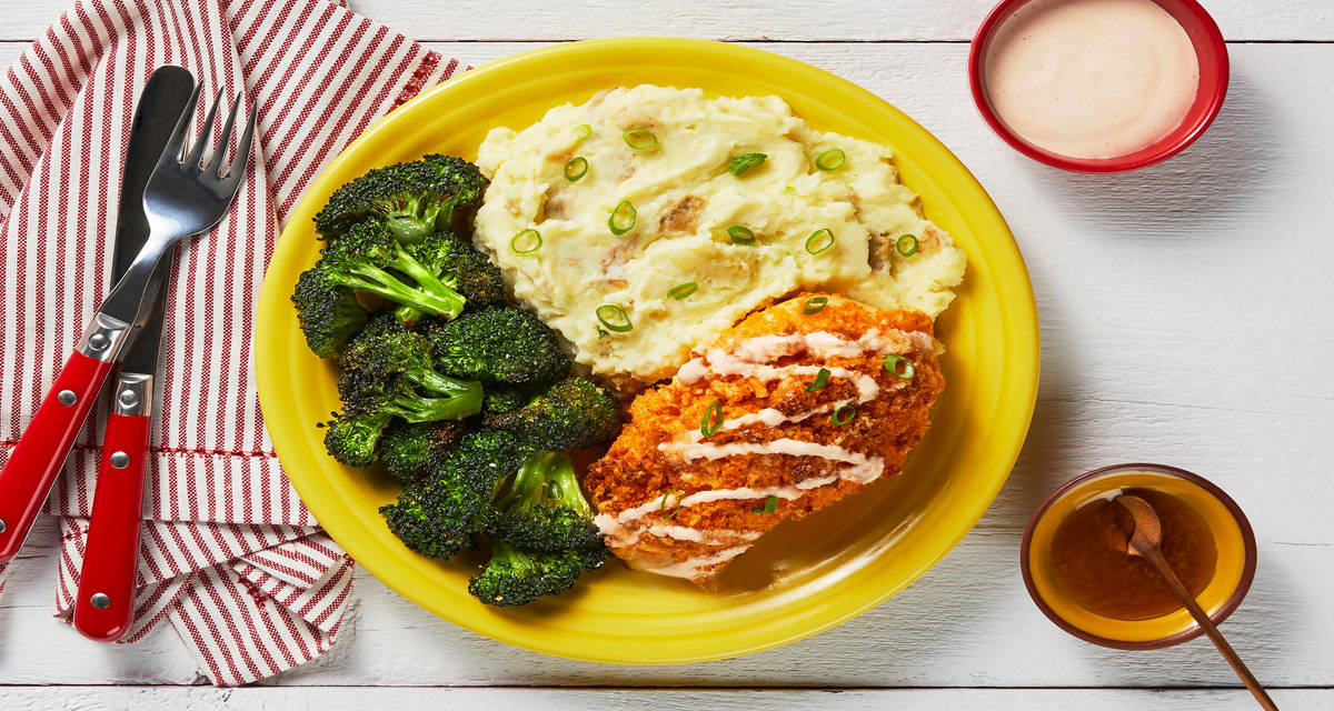 Buffalo-Spiced Crispy Chicken Breasts with Mashed Potatoes, Buttery Broccoli, & a Honey Drizzle