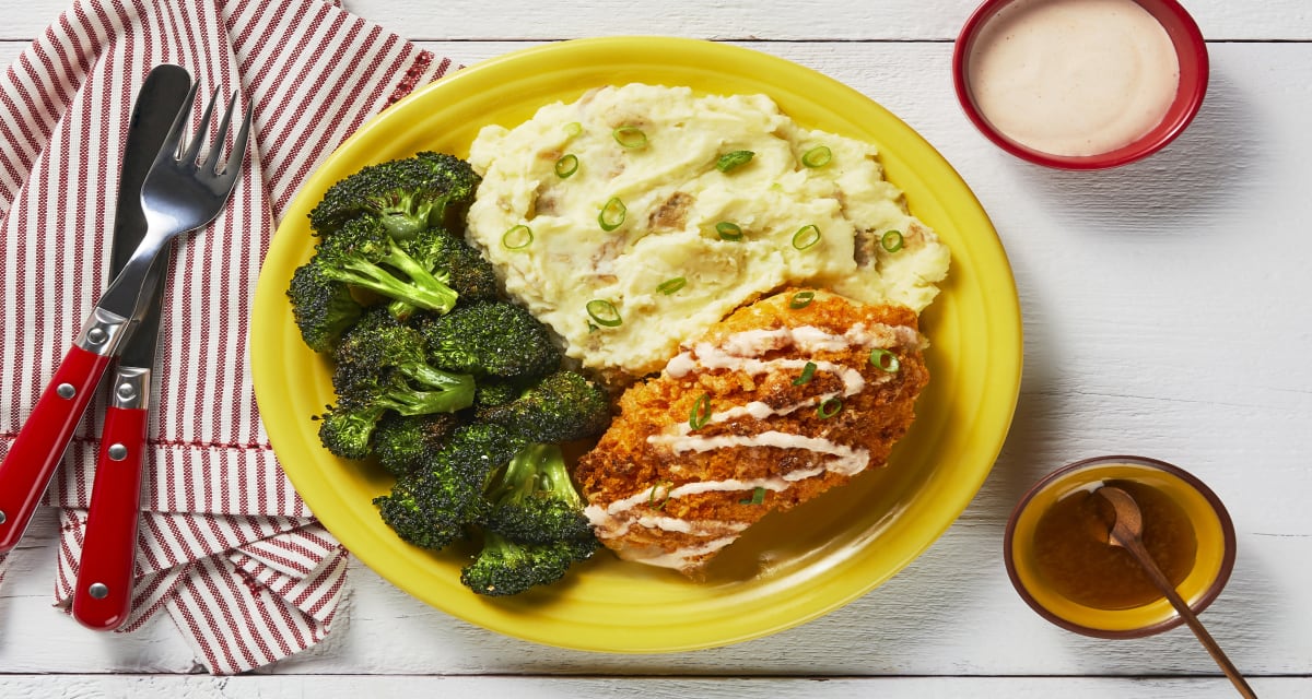 Buffalo-Spiced Crispy Chicken Breasts with Mashed Potatoes, Buttery Broccoli, & a Honey Drizzle-image