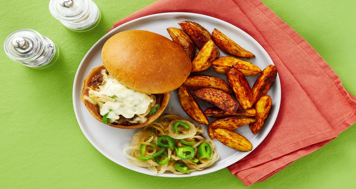 Smothered Pepper Jack Burgers with BBQ Potato Wedges-image