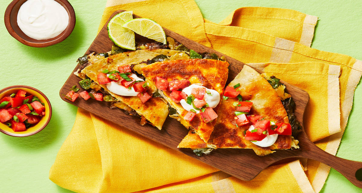 Black Bean & Poblano Quesadillas with Salsa Fresca & Lime Sour Cream