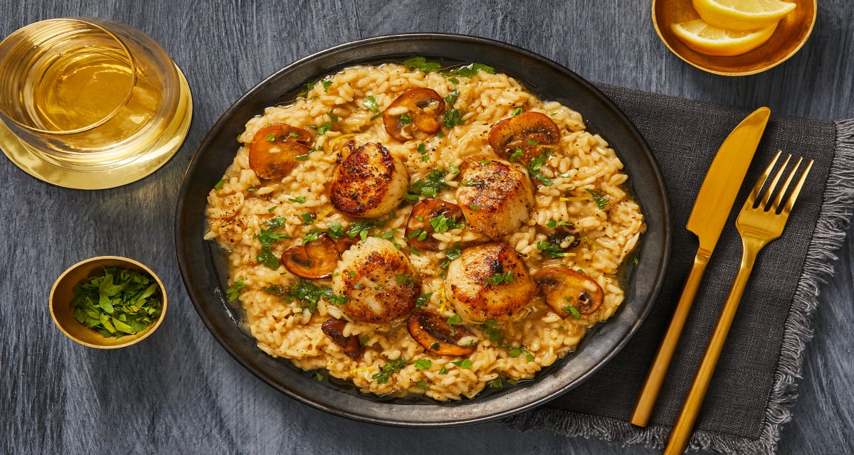 Scallops over Truffled Mushroom Risotto with a Brown Butter Herb Sauce-image
