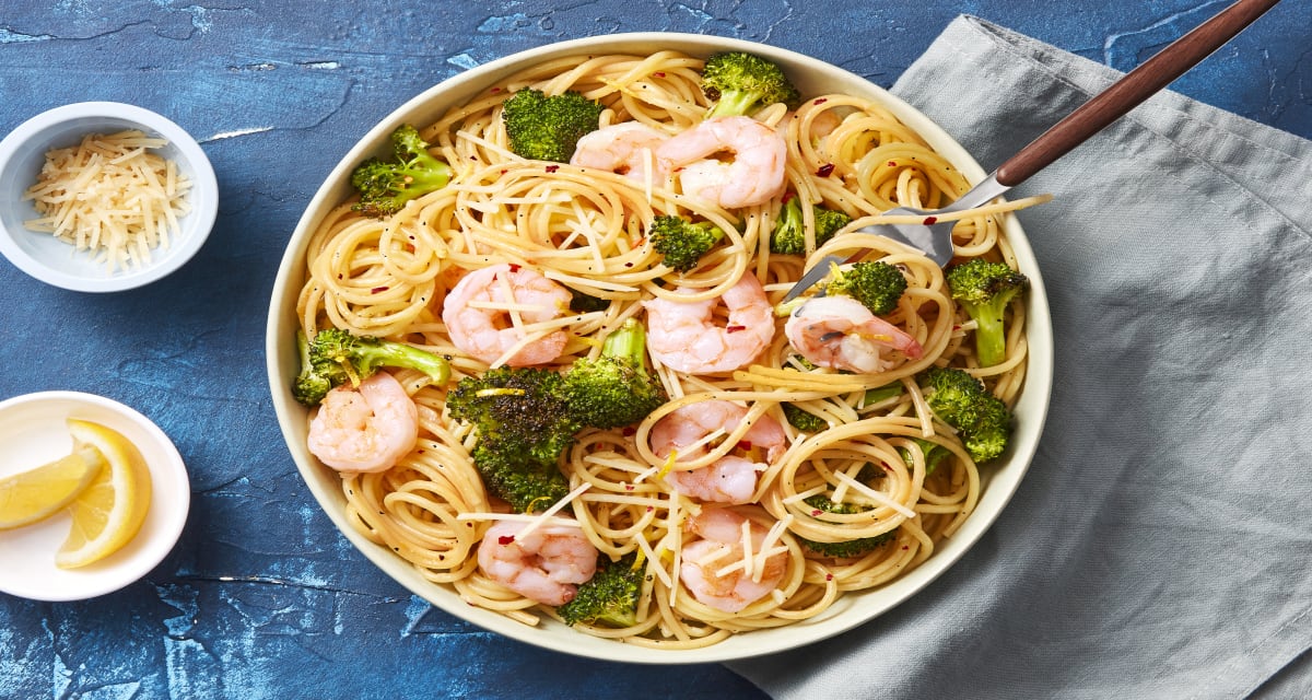 Garlic Butter Shrimp Scampi over Spaghetti with Roasted Broccoli-image