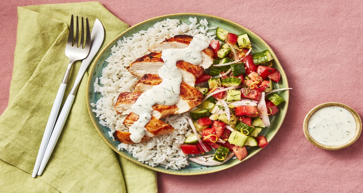 Shawarma-Spiced Chicken with Persian Salad, Rice & Creamy Dill Sauce-image