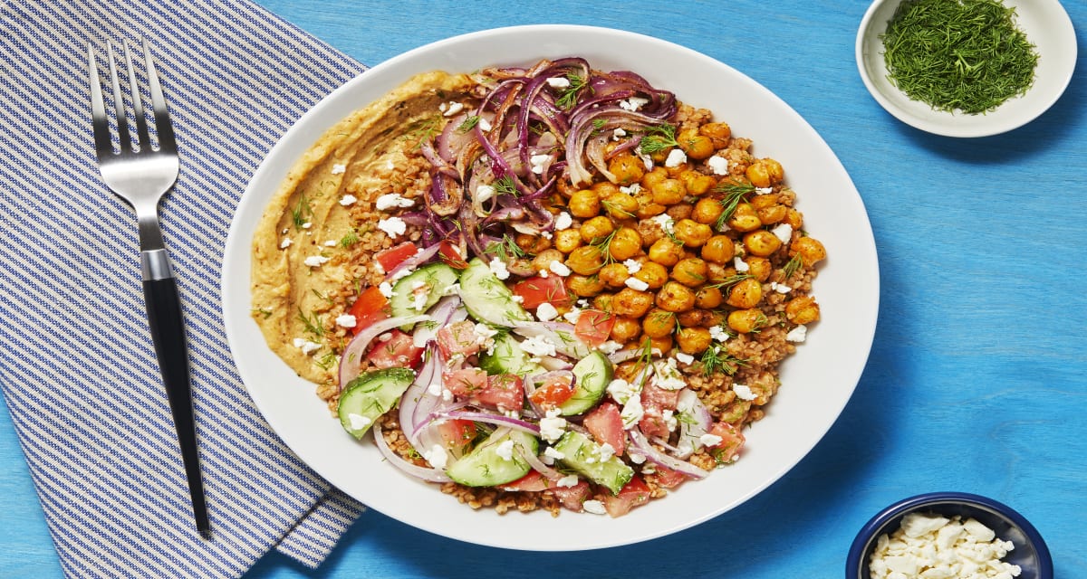 Greek Goddess Bulgur Bowls with Chickpeas, Harissa Hummus & Cucumber Feta Salad-image