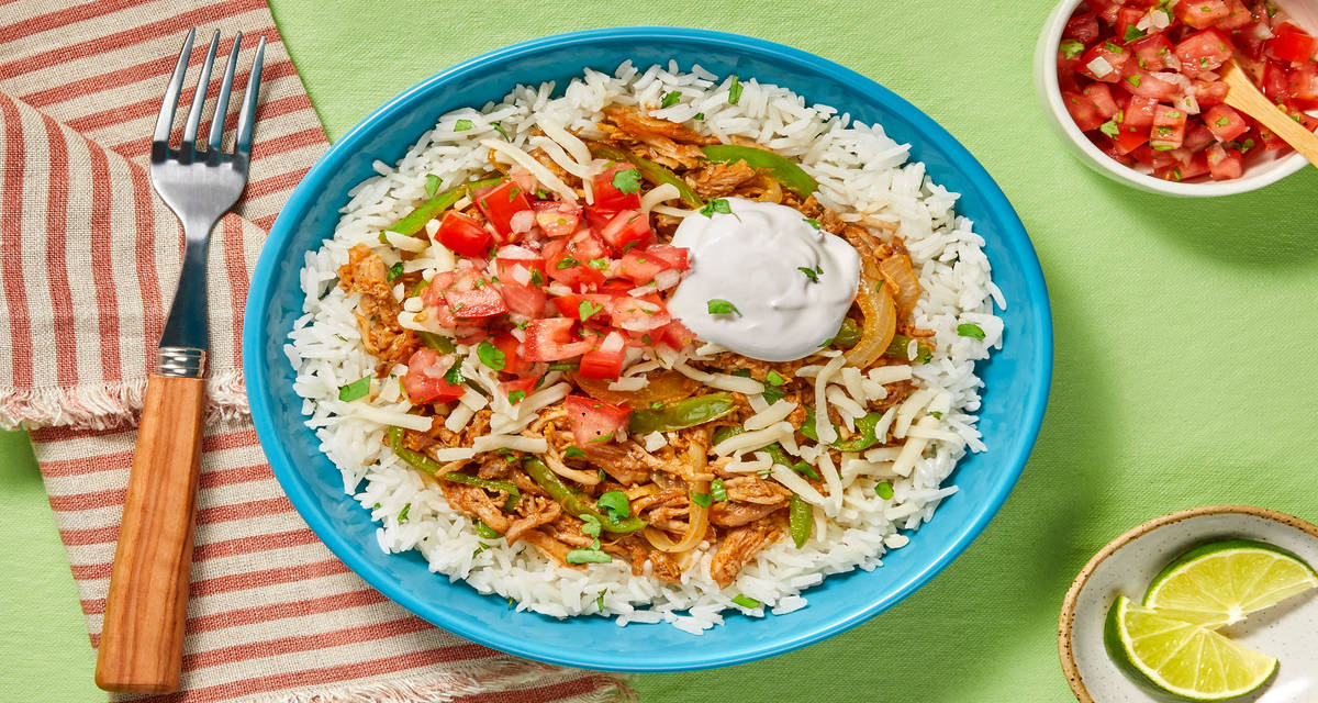 Pulled Pork Fiesta Bowls with Tomato Salsa, Bell Pepper & Monterey Jack Cheese