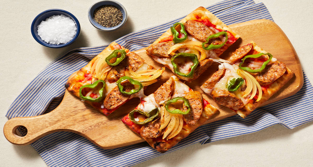 Double Cheese & Pork Sausage Flatbreads with Roasted Long Green Pepper & Onion