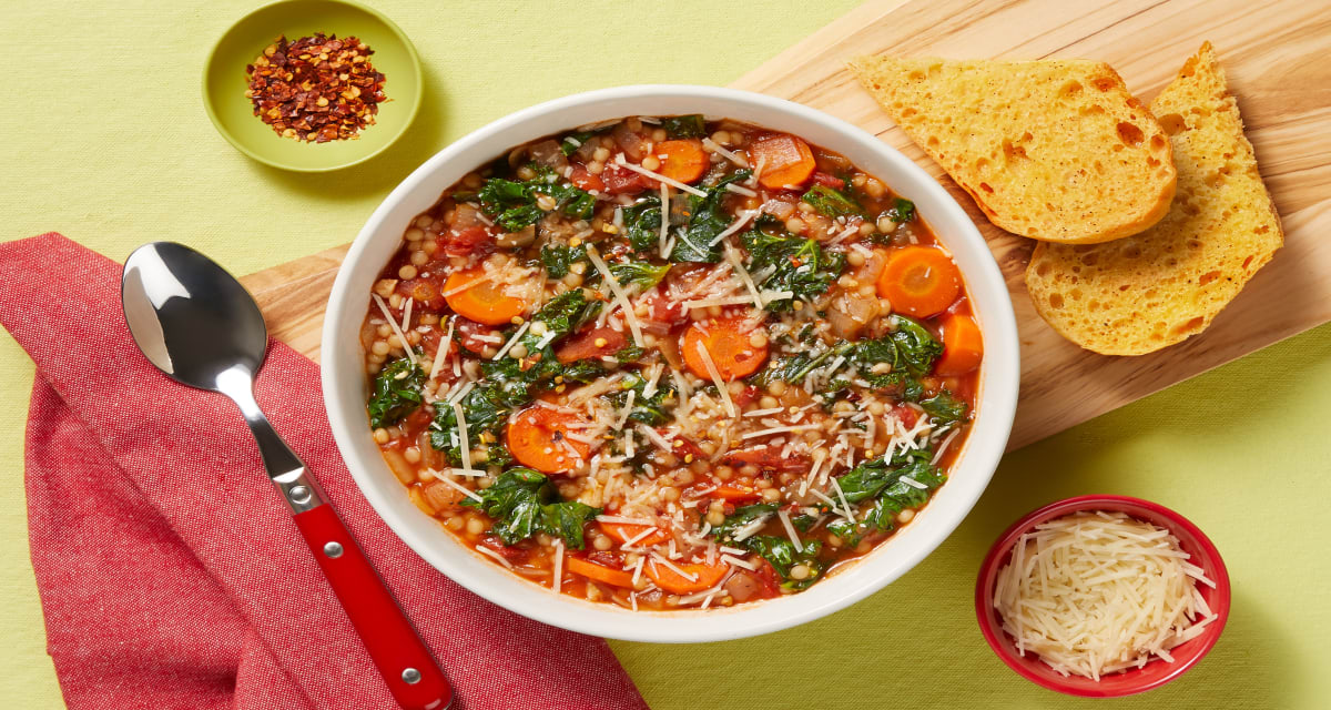 Italian Garden Veggie Soup with Kale, Pearled Couscous & Garlic Bread-image