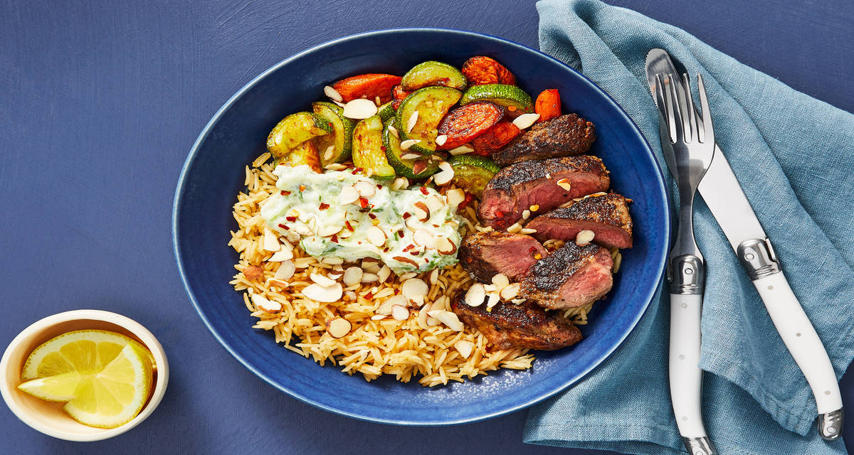 Middle Eastern Steak & Rice Pilaf with Tzatziki, Almonds & Smoky Roasted Veggies