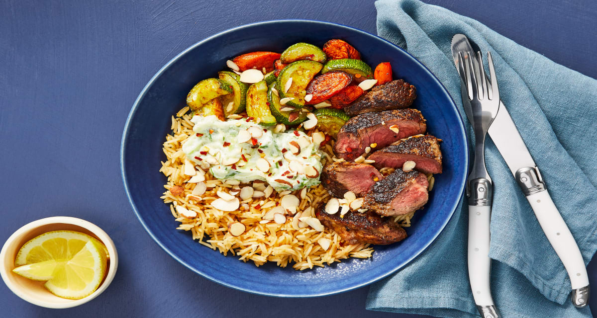 Middle Eastern Steak & Rice Pilaf with Tzatziki, Almonds & Smoky Roasted Veggies-image