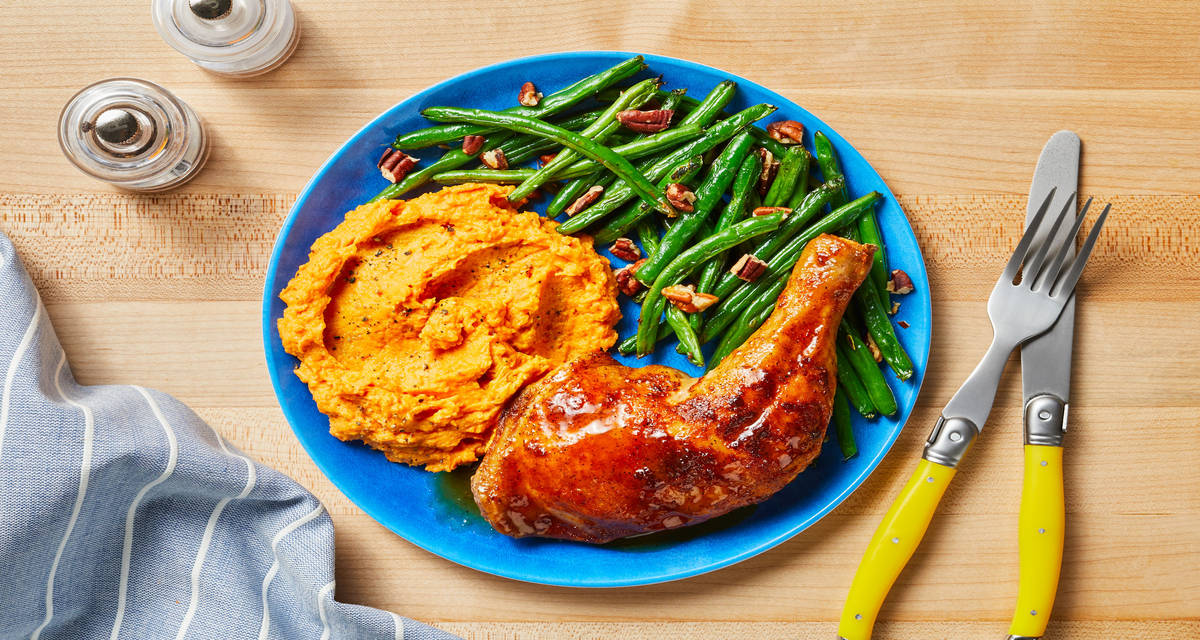 Maple Mustard Chicken Legs plus Spiced Sweet Potato Mash & Nutty Green Beans