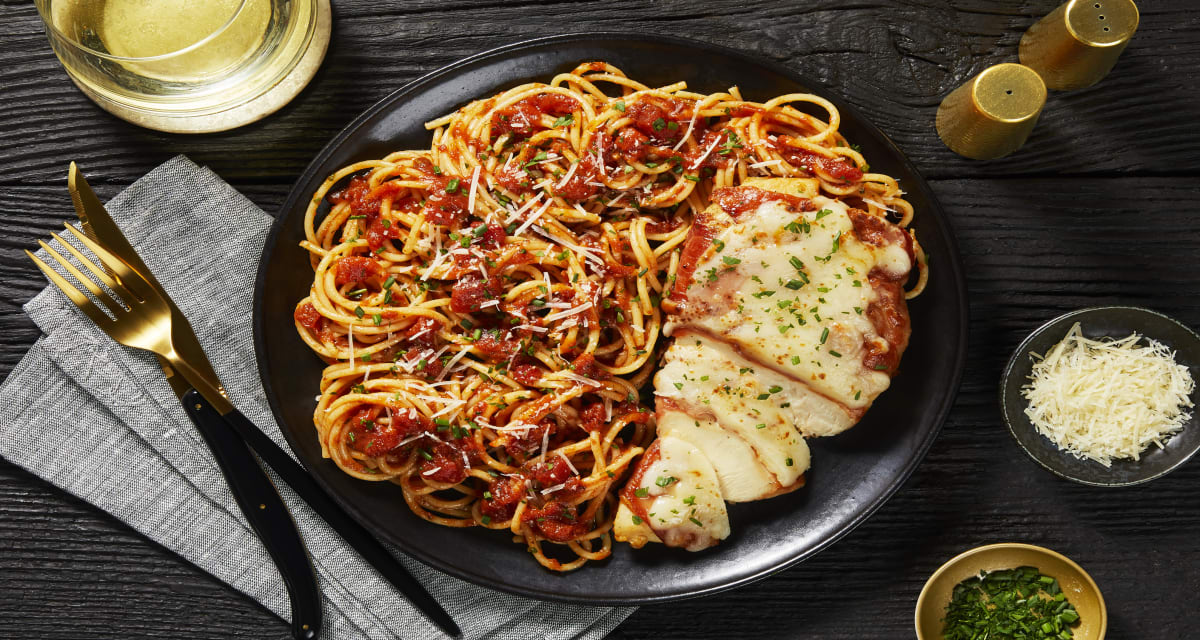 Cheesy Prosciutto-Wrapped Chicken over Spaghetti with Tuscan-Spiced Marinara-image
