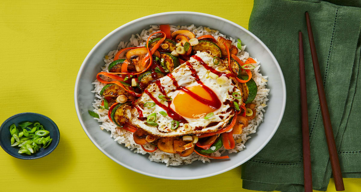Zucchini & Mushroom Bibimbap Bowls with Sweet Sesame Sauce & a Fried Egg-image