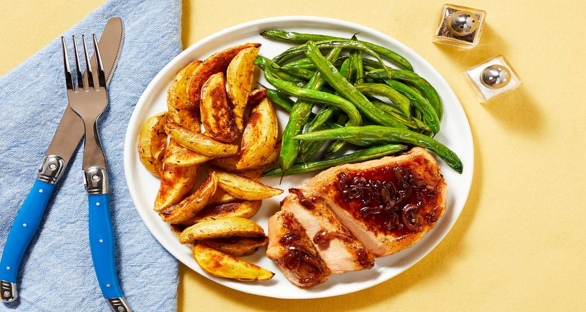 Cherry Balsamic Pork Chops with Green Beans & Thyme-Roasted Potatoes