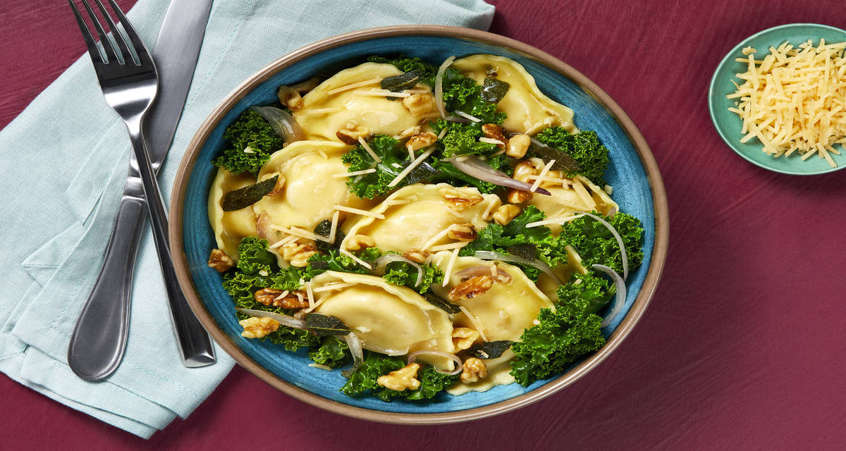 Butternut Squash Agnolotti with Kale in a Sage Brown Butter Sauce