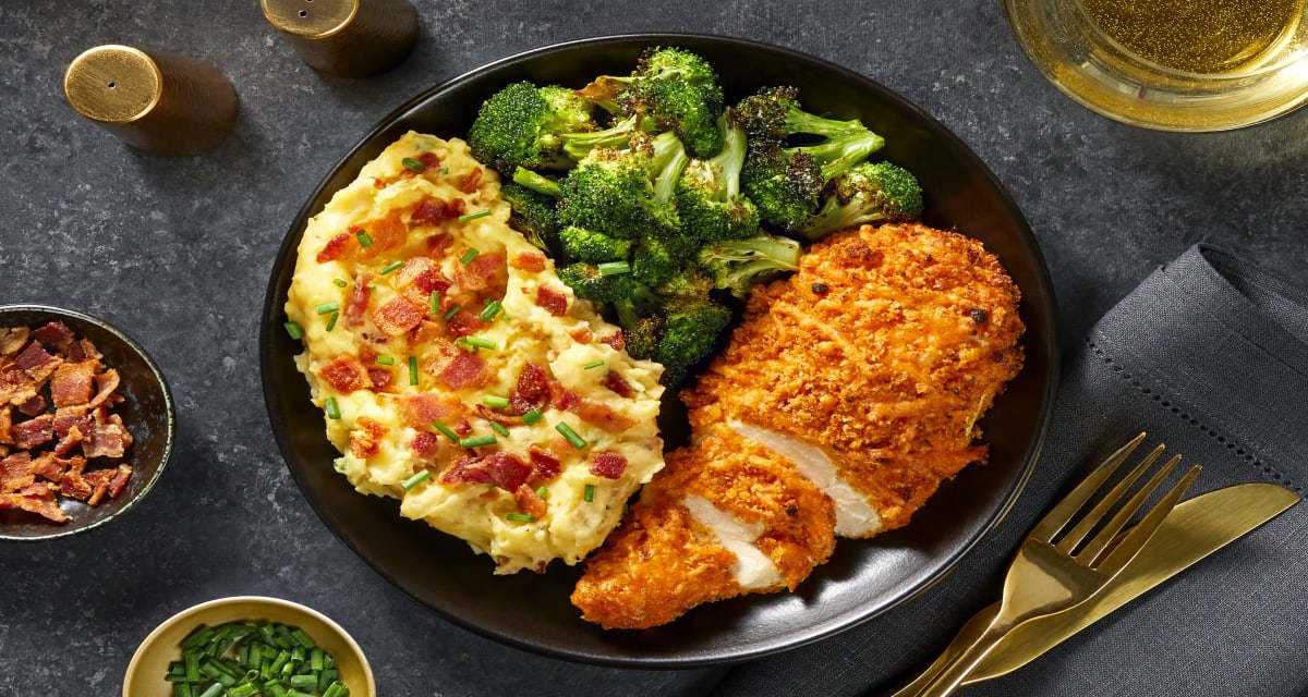 Crispy Cheddar Chicken with Loaded Bacon Mashed Potatoes & Broccoli-image