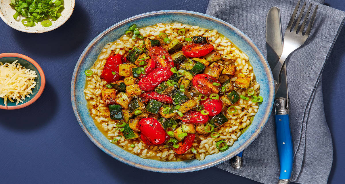 Balsamic Tomato Parmesan Risotto with Basil Oil & Zucchini