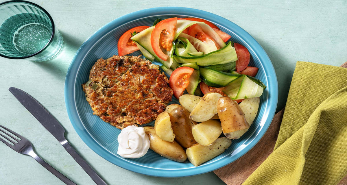 Burger de thon maison aux câpres et cornichons accompagné de grenailles, d'une salade de tomate et concombre et de mayonnaise