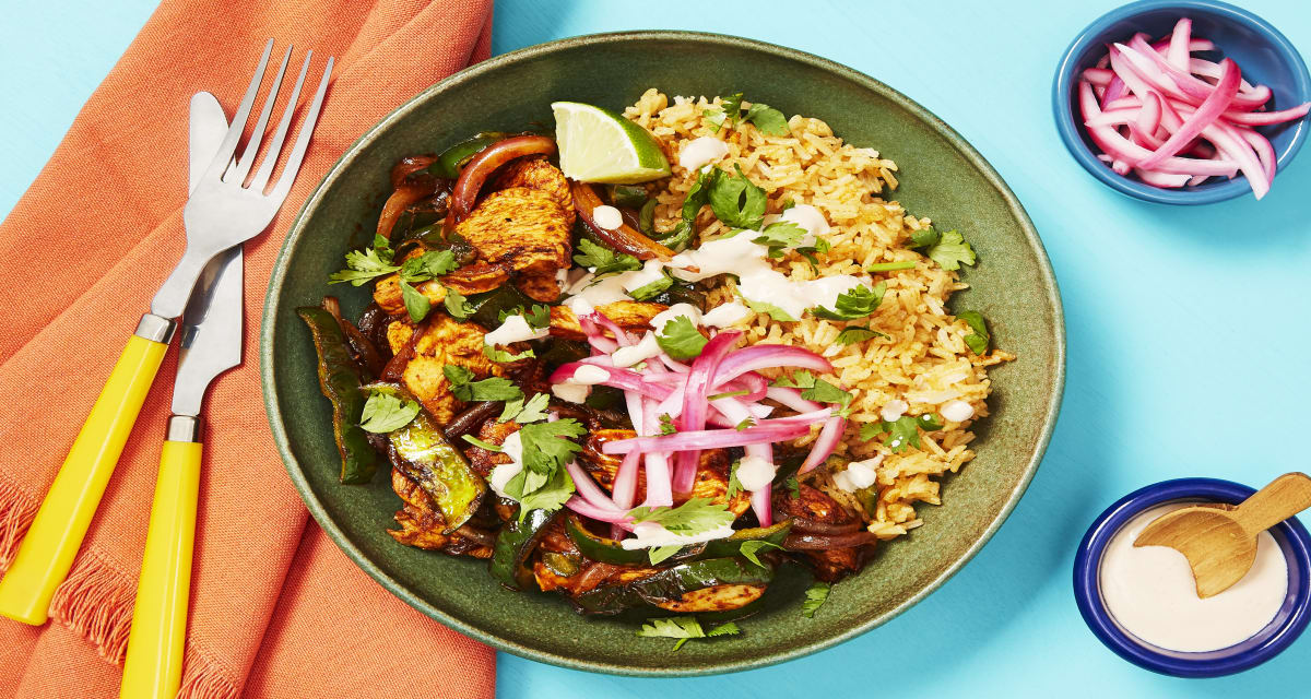 Yucatan Citrus Chicken Bowls with Poblano, Smoky Red Pepper Crema & Pickled Onion-image