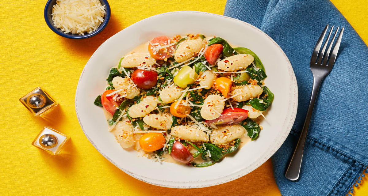 Gnocchi with Spinach & Tomatoes topped with Garlic Butter Breadcrumbs-image