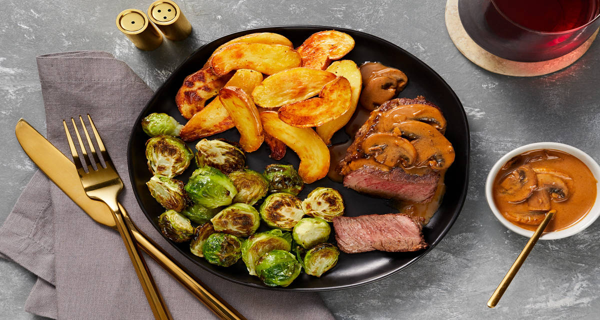 Beef Tenderloin with Mushroom Sauce with Roasted Brussels Sprouts & Fingerling Potatoes
