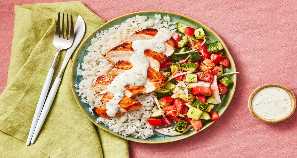 Shawarma-Spiced Chicken with Persian Salad, Rice & Creamy Dill Sauce