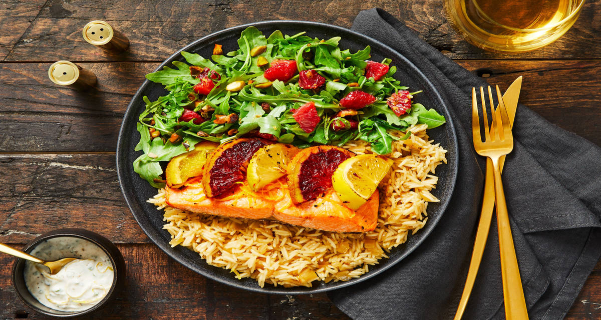 Slow-Roasted Citrus Trout with Chive Crème Fraîche, Rice Pilaf & Blood Orange Pistachio Salad