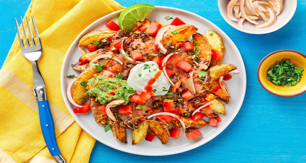 Nacho-Rific Loaded Potato Wedges with Guacamole, Pickled Onion & Lime Sour Cream