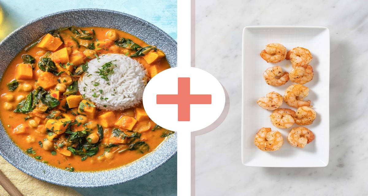 Curry de pois chiches et crevettes en extra préparé avec de la patate douce, servi avec du riz et un chutney de mangue