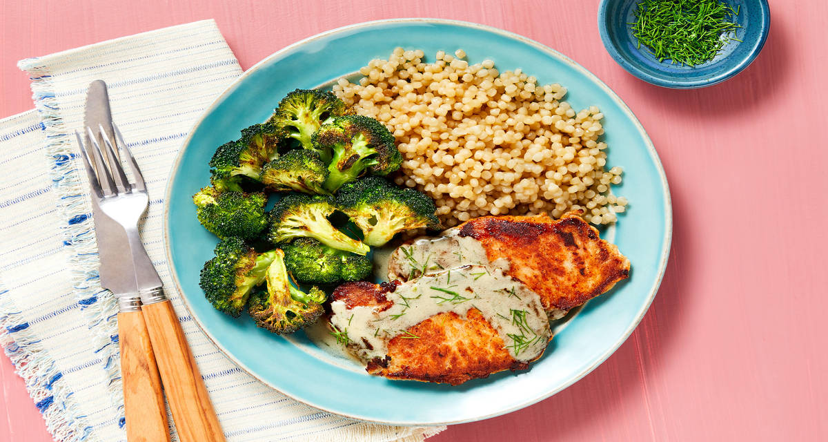 Creamy Dill Pork Cutlets with Couscous & Roasted Broccoli