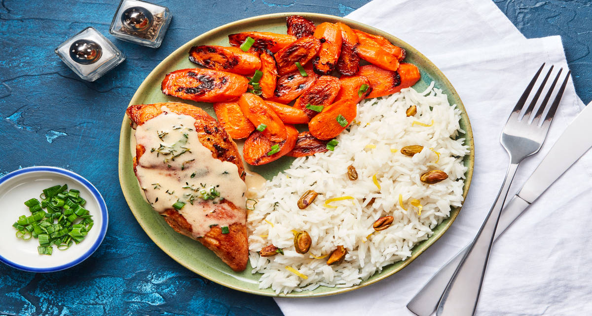 Paprika Chicken in a Lemony Sauce with Pistachio Rice & Roasted Carrots