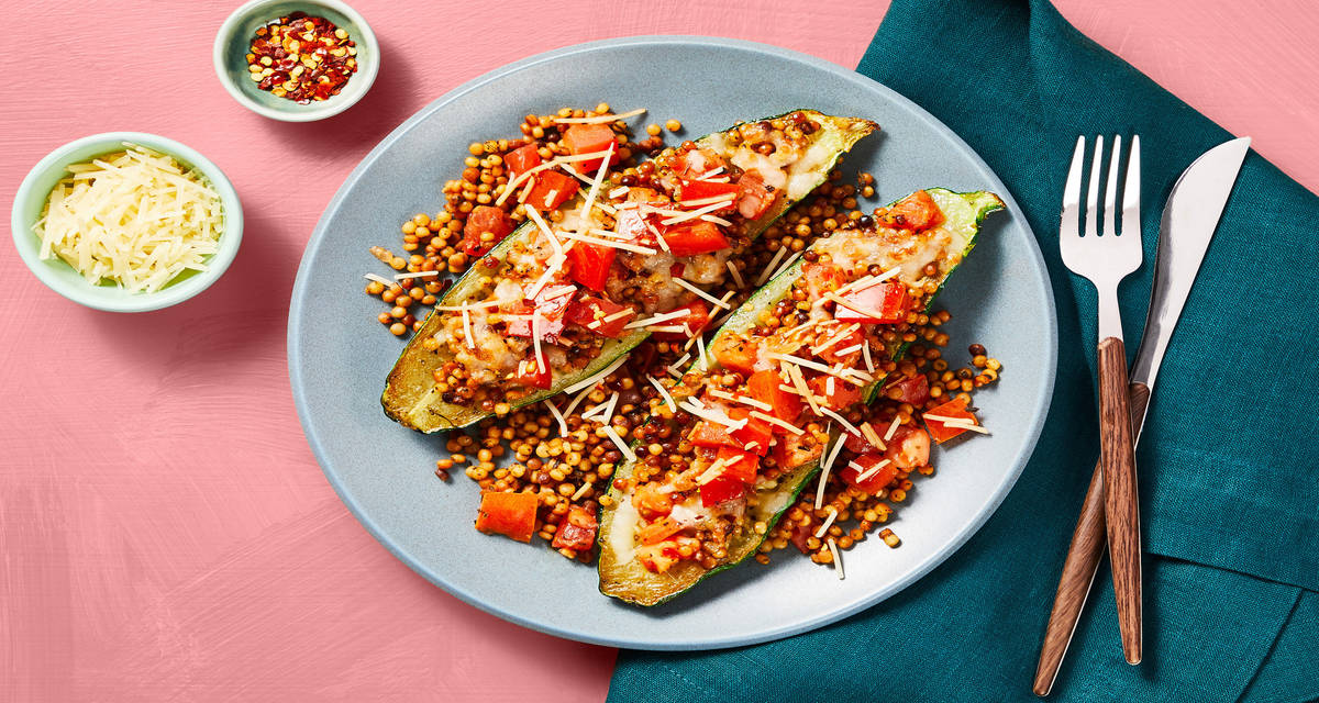 Bruschetta Zucchini Boats with Couscous & Melty Mozz