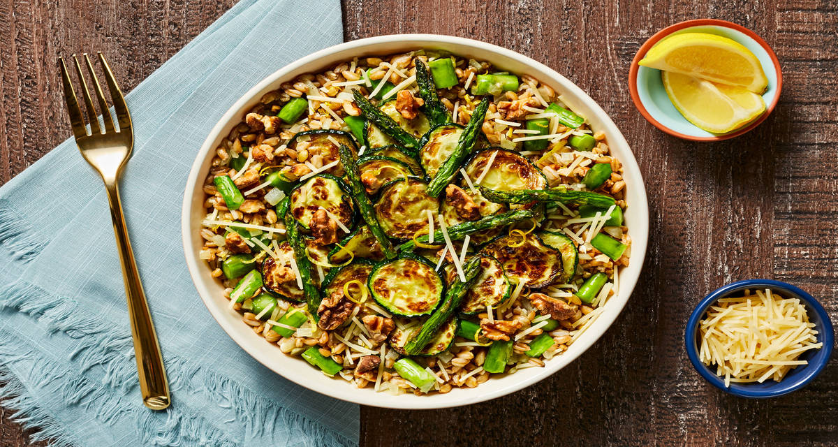 Gorgeous Greens Farro Bowl with Roasted Zucchini & Asparagus