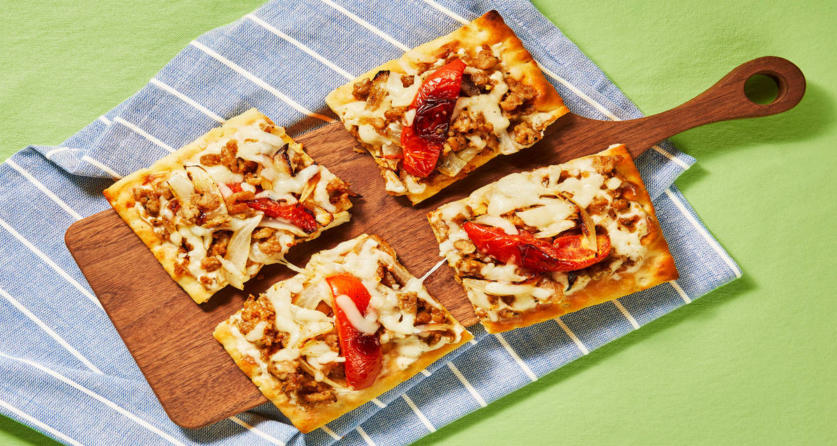 Chicken Sausage & Garlic Flatbreads with Tomato, Onion & Mozzarella