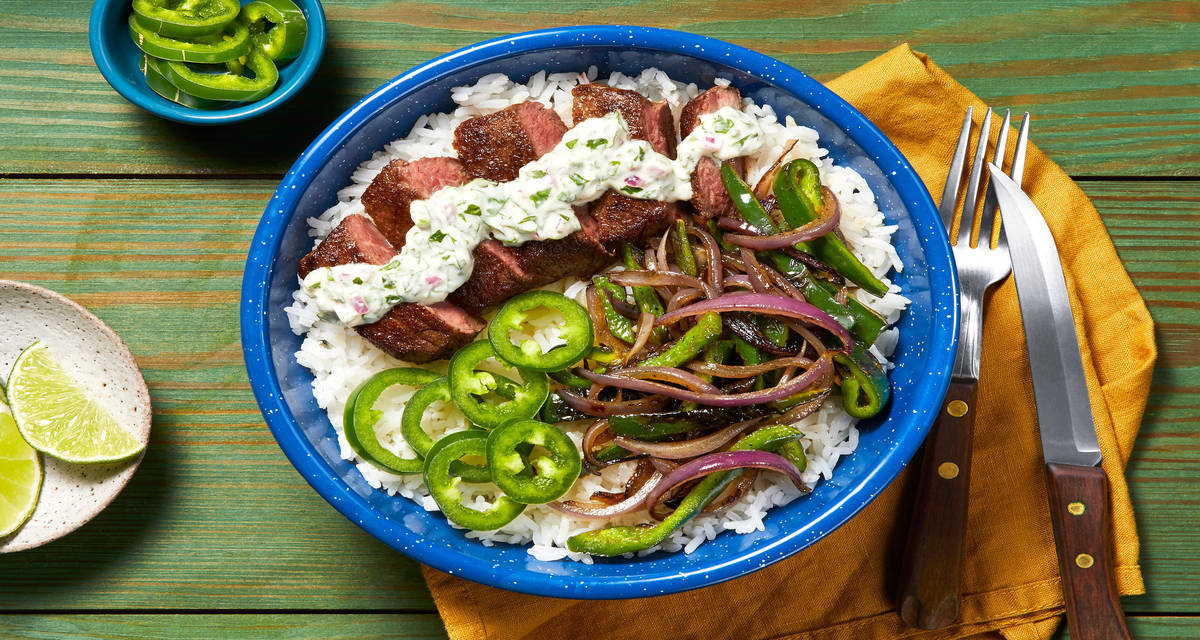 Creamy Cilantro Steak Bowls with Garlic Lime Rice & Charred Poblano