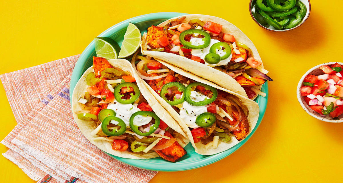 Sweet Potato Fajitas with Pepper Jack, Pickled Jalapeño & Lime Sour Cream