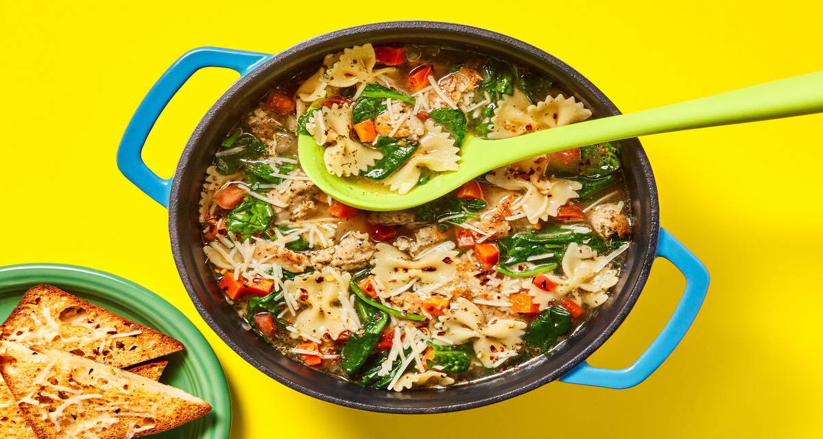 Italian Chicken Sausage Noodle Soup with Farfalle Pasta & Parmesan Toasts