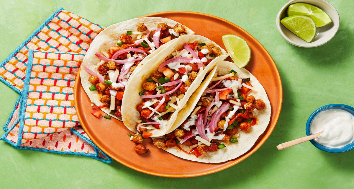 Chickpea Tinga Tacos with Monterey Jack Cheese, Poblano Pepper & Lime Crema