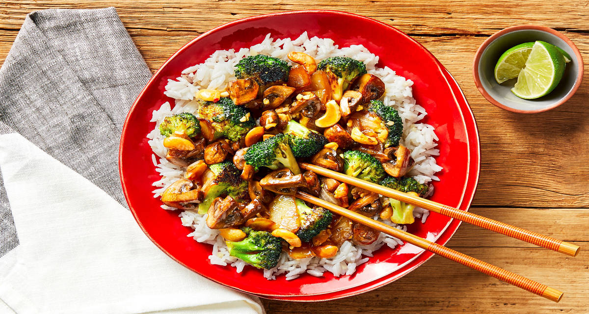 Szechuan Broccoli & Mushroom Stir-Fry with Cashews & Buttery Ginger Rice