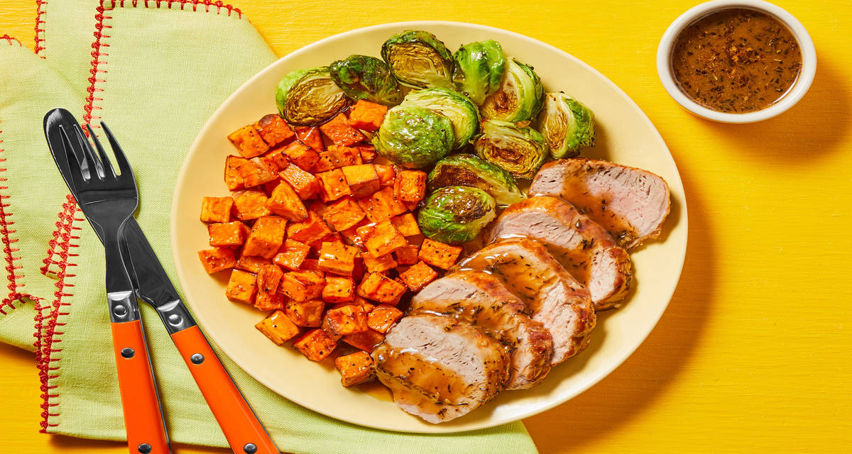 Honey Thyme Pork Tenderloin with Roasted Sweet Potatoes & Brussels Sprouts