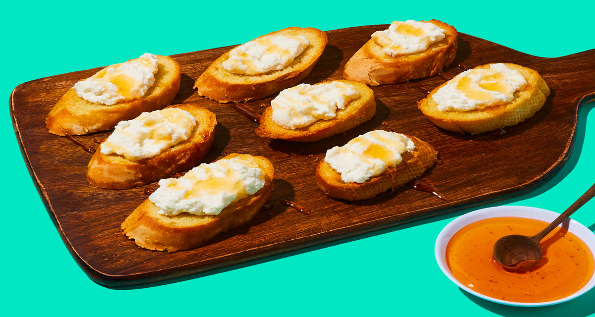 Ricotta & Hot Honey Crostini Spicy, creamy, sweet—all in one bite. | 2 Servings