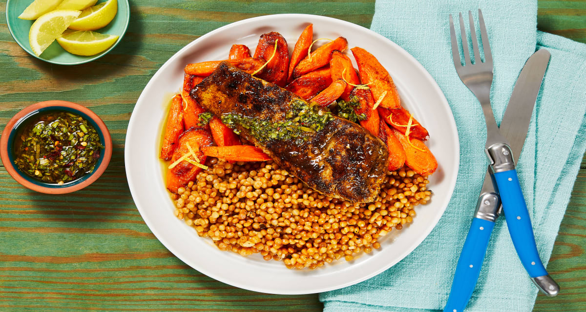 Chimichurri Barramundi with Lemony Carrots & Garlic Couscous-image