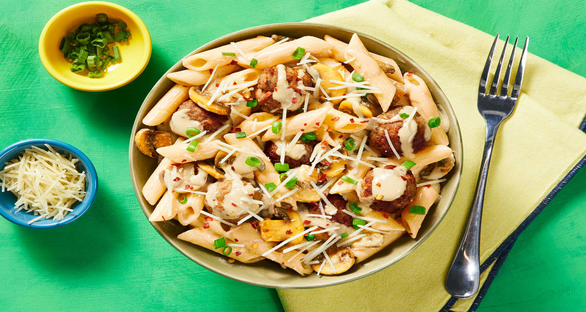 Penne with Pork Meatballs in a Creamy Mushroom Sauce