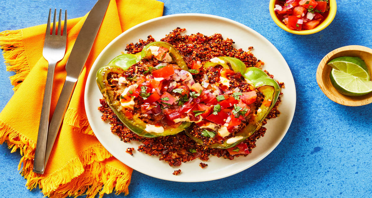 Cheesy Quinoa-Stuffed Peppers with Pico de Gallo & Smoky Red Pepper Crema