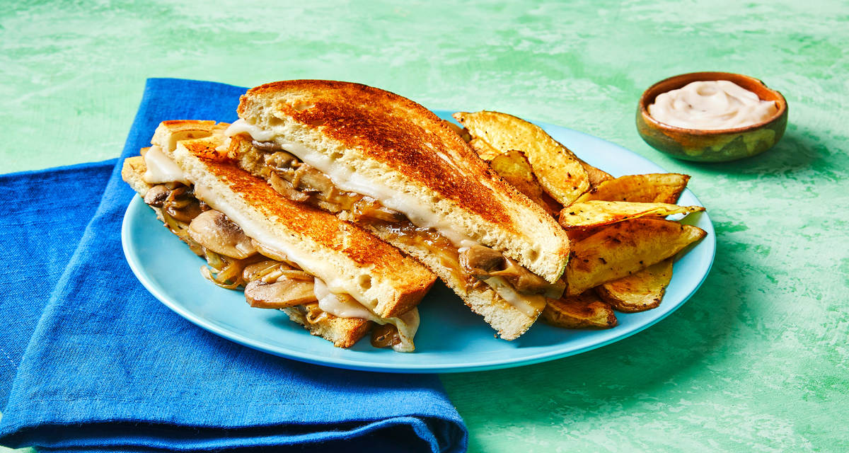Alpine Mushroom & Swiss Panini with Garlic Potato Wedges