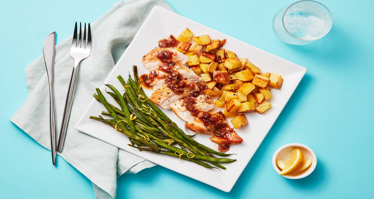 Balsamic Fig Chicken with Roasted Potatoes & Lemony Green Beans