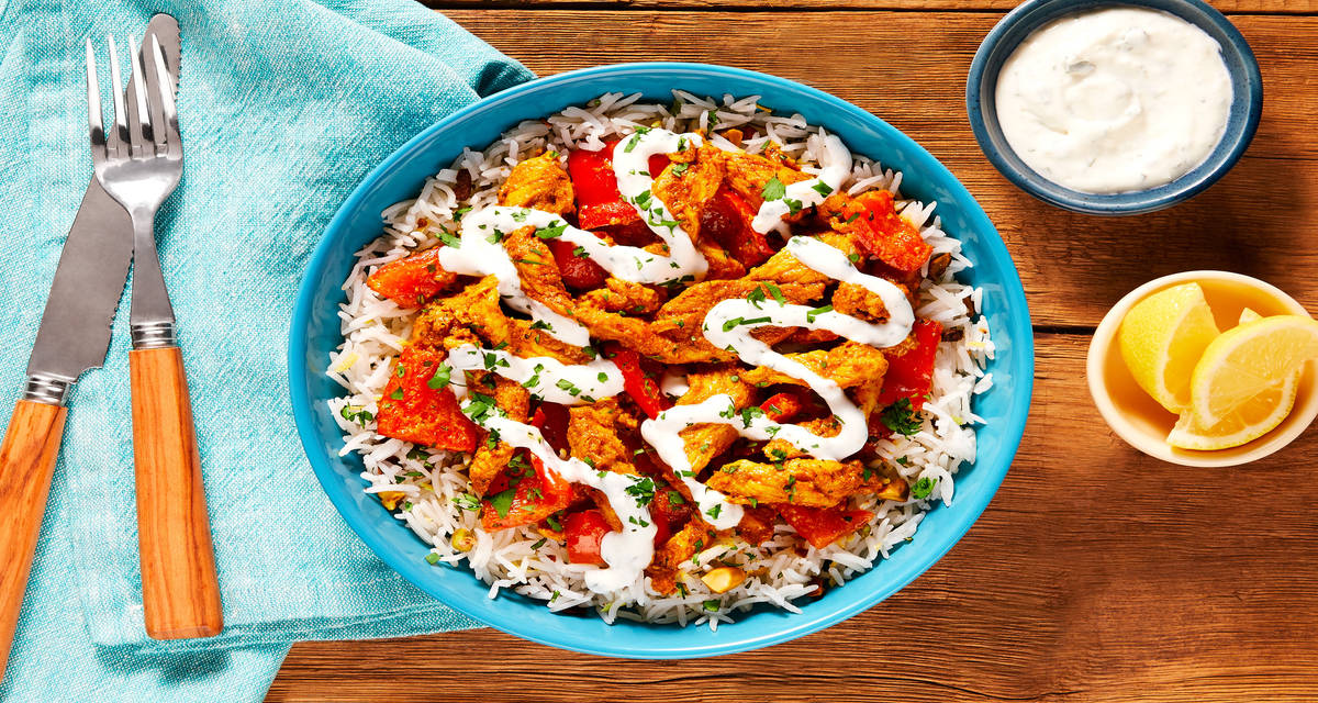 Street-Cart-Style Chicken Shawarma Bowls with Bell Pepper, Pistachio Rice & Creamy Cilantro Sauce