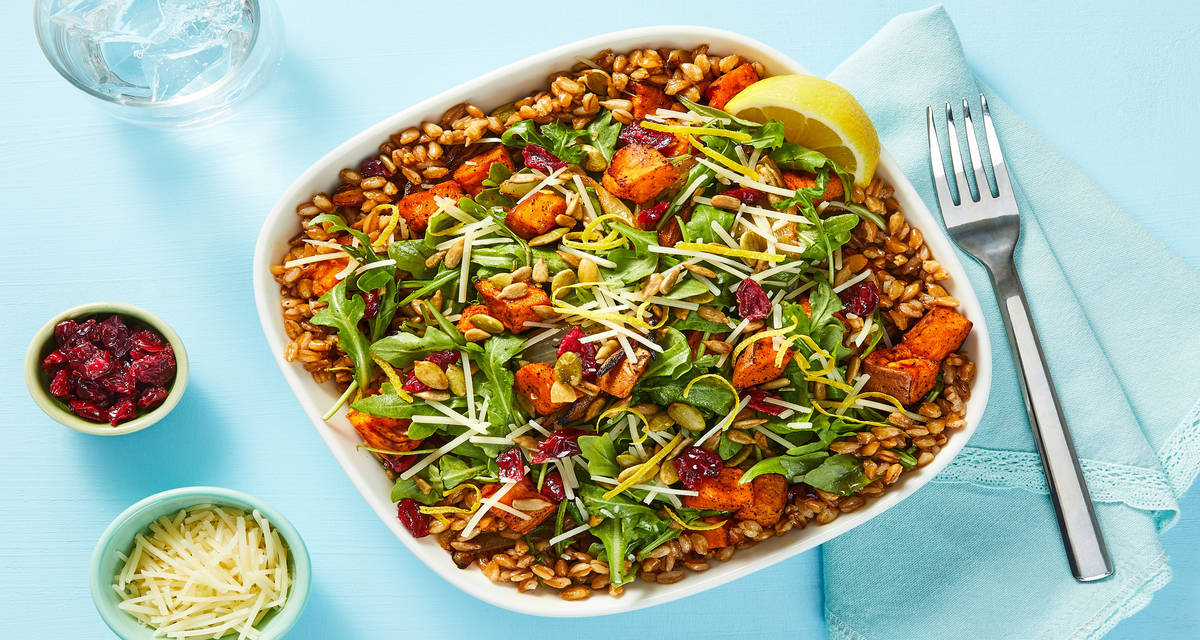Roasted Veggie Farro Bowls with Marinated Cranberries & Salsa Verde Sunflower Pepitas